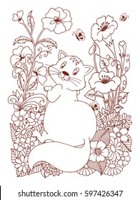 Vector illustration of a thick and furry cat surrounded by flowers. The work is done manually. Coloring books antistress for adults and children.Brown and white.