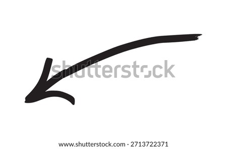 Vector illustration of a thick, hand-drawn black arrow pointing down and left. Use this sketchy element for highlights, instructions, or decorative design.
