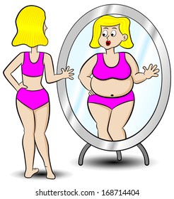 vector illustration of a thick thin woman looks in the mirror