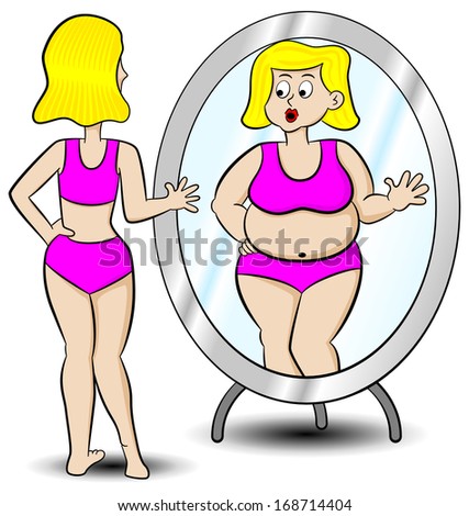 vector illustration of a thick thin woman looks in the mirror