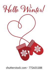 Vector illustration of thick warm winter gloves in flat design and "Hello Winter" text on white background. Design for Christmas and New Year greeting.