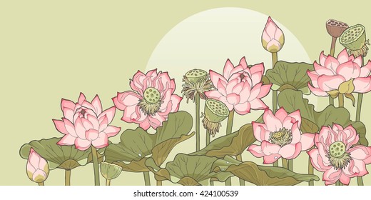 Vector illustration of thickets of blooming and withered lotus