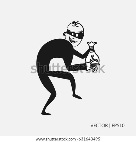 Vector illustration. A thief carrying a bag of money. Burglar. Bank robbery. Sketch. Drawing for children. Flat icon