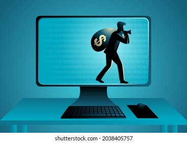 Vector illustration of a thief carrying big sack full of cash money in the computer monitor, concept of cyber crime, scammer and cyber security