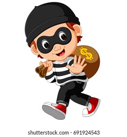 vector illustration of Thief cartoon carrying bag of money with a dollar sign