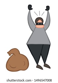 Vector illustration thief raised up hands. Hand drawn. Colored outlines.