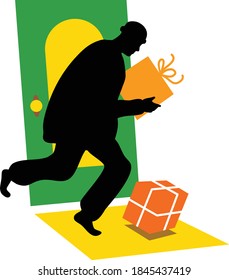 Vector Illustration Of Thief Running Away From Front Door, Stealing Christmas Packages Or Deliveries.