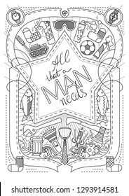 vector illustration of thin black lines with gifts for men, men's card