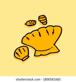 Handgezeichneter Muschelkartoon einzeln auf gelbem Hintergrund. Vektorgrafik. 