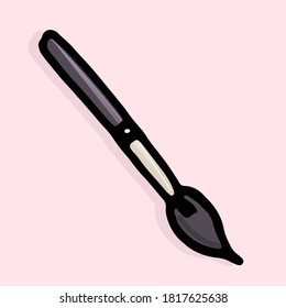 Vector illustration of thin black outline makeup brush on soft pink background. hand drawn vector. modern scribble for kids, sticker, clipart, beauty icon, banner, poster. doodle makeup tool. 