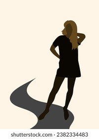 Vector illustration
 thin girl with blond hair, in a short black dress and nylon tights, on a white background
