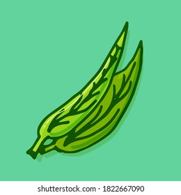vector illustration of thin green outline leaf icon isolated on tosca background. hand drawn vector. doodle plants and trees for kids, sticker, clipart, poster, cover, greeting card, wallpaper. 