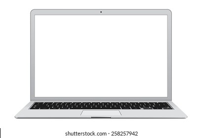 Vector illustration of thin Laptop with blank screen isolated on white background, white aluminium body.