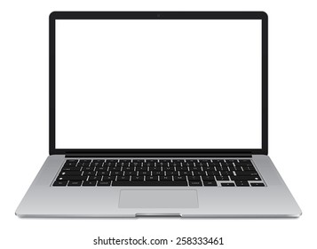 Vector illustration of thin Laptop with blank screen isolated on white background, white aluminium body.