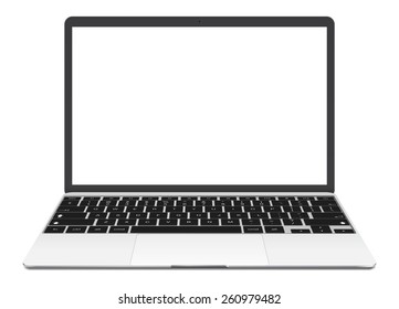 Vector illustration, thin Laptop with blank screen isolated on white background, in white color of aluminium body.