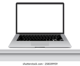 Vector illustration of thin Laptop on office desk with blank screen isolated on white background, white aluminium body.