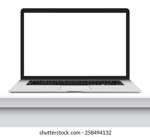 Vector illustration of thin Laptop on office desk with blank screen isolated on white background, white aluminium body.