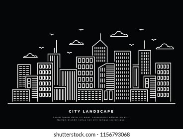 Vector Illustration : Thin line City. Downtown landscape with high skyscrapers