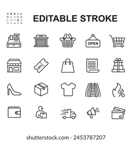 Vector illustration thin line design set. Icons related with commerce, shops, shopping malls, retail. 