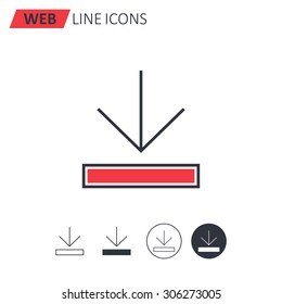 Vector illustration of thin line download icon . Can be used as company logo, badge, web interface and mobile application button, pictogram