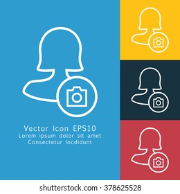 Vector illustration of thin line female user take picture action icon . Could be used as menu button, user interface element template, badge, sign, symbol, company logo