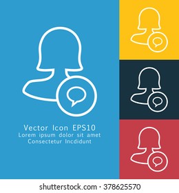 Vector illustration of thin line female user send message action icon . Could be used as menu button, user interface element template, badge, sign, symbol, company logo