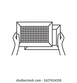 Vector illustration. Thin line icon of hands, holding mould and deckle frames, hand papermaking process. Related for logo, instruction, handmade paper workshop. Linear symbols icon.