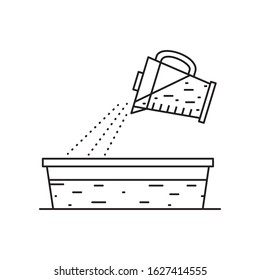 Vector illustration. Thin line icon of pouring pulp from wastepaper to the slurry, hand papermaking process. Related for logo, instruction, handmade paper workshop. Linear symbols icon.