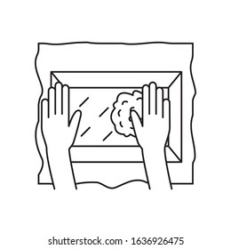 Vector illustration. Thin line icon of soaking water with sponge from wet paper, hand papermaking process. Related for logo, instruction, handmade paper workshop. Linear symbols icon.