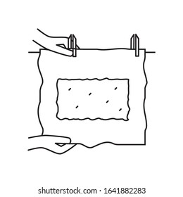 Vector illustration. Thin line icon of ready handmade paper sheets from wastepaper, hand papermaking process. Related for logo, instruction, handmade paper workshop. Linear symbols icon.
