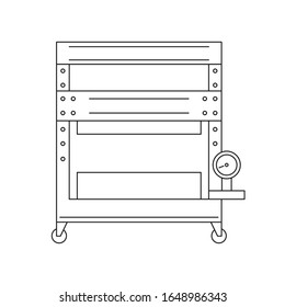 Vector illustration. Thin line icon of hydraulic press for hand papermaking. Related for logo, instruction, workshop. Professional electric machine for pressing hand made paper. Linear symbols set