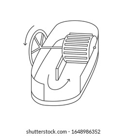 Vector illustration. Thin line icon of hollander beater for papermaking. Related for logo, instruction, handmade paper workshop. Orackle Little Critter machine for break down fiber. Linear symbols set