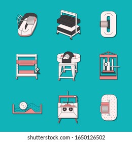 Vector illustration. Thin line icon set of equipment for hand papermaking. Related for logo, instruction, workshop. Hydraulic press, hollander beater, drying box. Linear symbols set