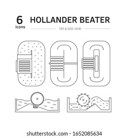 Vector illustration. Thin line icon set of equipment for hand papermaking. Related for logo, instruction, workshop. Hydraulic press, hollander beater, drying box. Linear symbols set