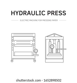 Vector illustration. Thin line icon set of equipment for hand papermaking. Related for logo, instruction, workshop. Hydraulic press, hollander beater, drying box. Linear symbols set