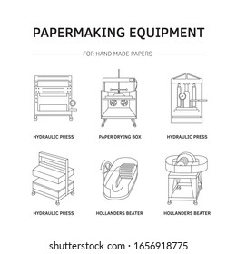 Vector illustration. Thin line icon set of equipment for hand papermaking. Related for logo, instruction, workshop. Hydraulic press, hollander beater, drying box. Linear symbols set