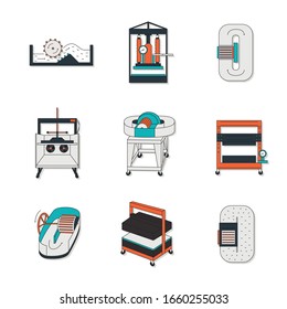 Vector illustration. Thin line icon set of equipment for hand papermaking. Related for logo, instruction, workshop. Hydraulic press, hollander beater, drying box. Linear symbols set