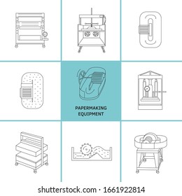 Vector illustration. Thin line icon set of equipment for hand papermaking. Related for logo, instruction, workshop. Hydraulic press, hollander beater, drying box. Linear symbols set