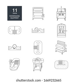 Vector illustration. Thin line icon set of equipment for hand papermaking. Related for logo, instruction, workshop. Hydraulic press, hollander beater, drying box. Linear symbols set