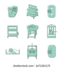 Vector illustration. Thin line icon set of equipment for hand papermaking. Related for logo, instruction, workshop. Hydraulic press, hollander beater, drying box. Linear symbols set