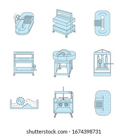 Vector illustration. Thin line icon set of equipment for hand papermaking. Related for logo, instruction, workshop. Hydraulic press, hollander beater, drying box. Linear symbols set