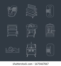 Vector illustration. Thin line icon set of equipment for hand papermaking. Related for logo, instruction, workshop. Hydraulic press, hollander beater, drying box. Linear symbols set