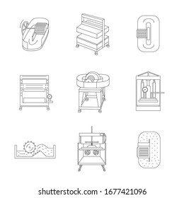 Vector illustration. Thin line icon set of equipment for hand papermaking. Related for logo, instruction, workshop. Hydraulic press, hollander beater, drying box. Linear symbols set