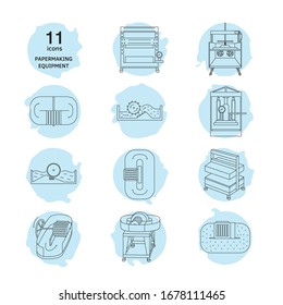 Vector illustration. Thin line icon set of equipment for hand papermaking. Related for logo, instruction, workshop. Hydraulic press, hollander beater, drying box. Linear symbols set