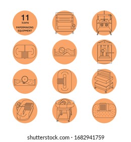 Vector illustration. Thin line icon set of equipment for hand papermaking. Related for logo, instruction, workshop. Hydraulic press, hollander beater, drying box. Linear symbols set