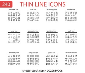 Vector illustration of thin line icons for business, banking, contact, social media, technology, logistic, education, sport, medicine, travel, weather, construction, arrow. Linear symbols set