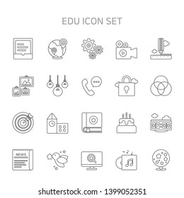 Vector illustration of thin line icons for education, school, book, learning, earth, globe, key, security, graph, statistics, goal, arrow, dictionary.