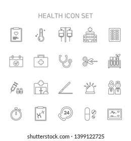 Vector illustration of thin line icons for medical, hospital, hospital icon, medical icon, health icon, chart, checkup, thermometer, temperature, sap, ringer.