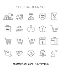 Vector illustration of thin line icons for online shopping, sale, buy,
shopping bag, shopping cart, store, supermarket, discount, coupon, promotion, gift, heart, good, exchange, refund, bell.