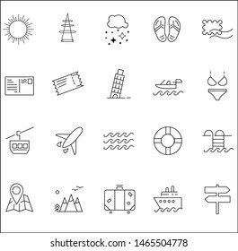 Vector illustration of thin line icons for web, icon set tour and travel arrow. Linear symbols set.